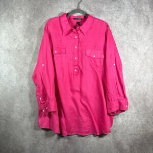 Lauren‎ Ralph Lauren Shirt Womens 2X Pink Linen Roll Tab Sleeves Casual Mature